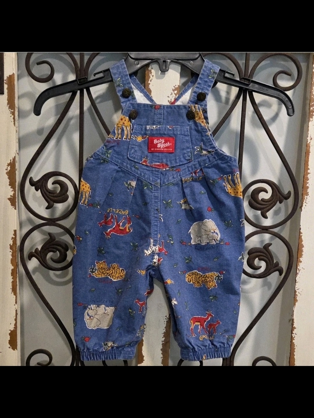 Vintage Baby B'gosh OshKosh Zoo Animal Safari Print Overalls USA Blue 3/6M